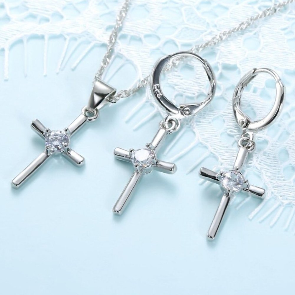 💎 NEW 💎 Cross 925 Sterling Silver Earrings And Necklace Set Bundle